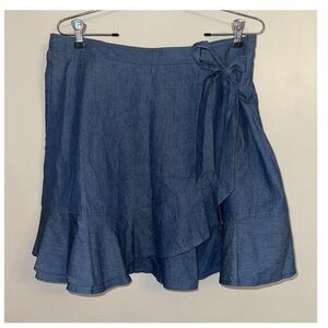 BCBGeneration Denim Wrap Skirt Ruffle Hem Bow Tie Medium Wash Blue Size L